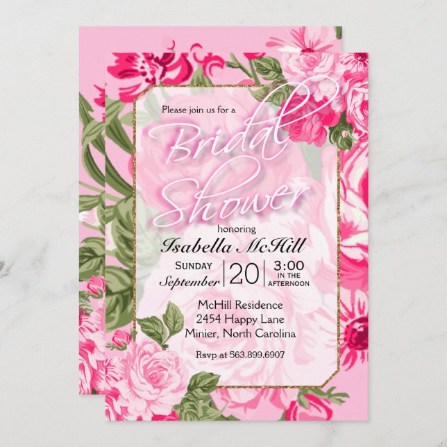 Convites Chá de panela - Rosas Florais Bonito Rosa (Frente/Verso)