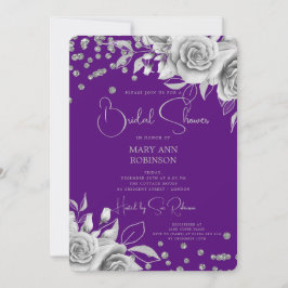 Convites Chá de panela Roxo de Floral de Prata de Script