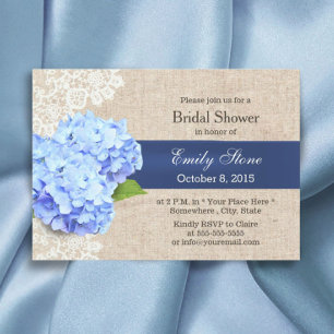 Convites Chá de panela Russo Azul Hydrangea Lace & Burlap