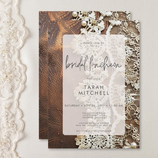 Convites Chá de panela Russo de Couro e Lace Bridal (Rustic Leather & Bridal Lace Bridal Shower Invitation)