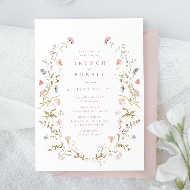 Convites Chá de panela Russo de Flor Selvagem Rosa Elegante (Elegant Pink Wildflower Rustic Boho Bridal Shower Invitation)