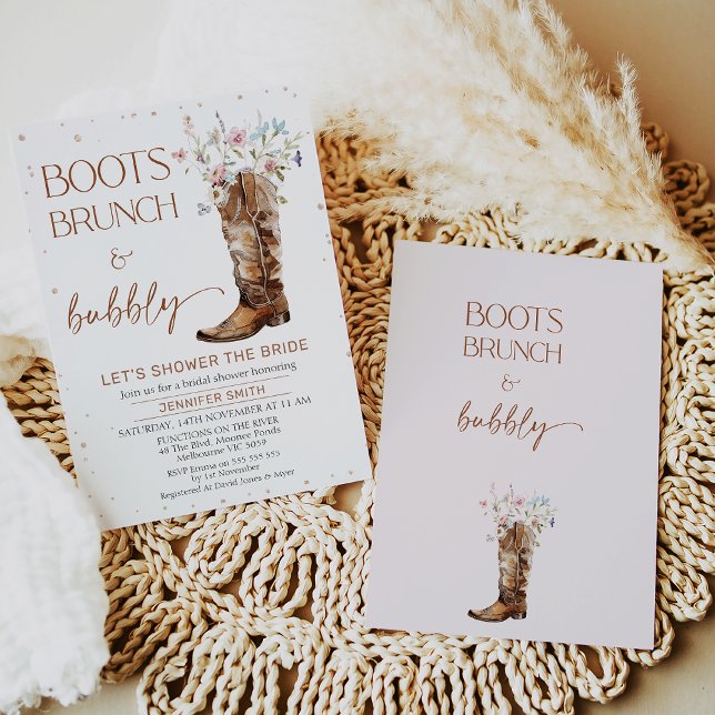 Convites Chá de panela Russo de Flores Selvagens Brown Boot (Boots Brunch Bubbly Bridal Shower Invitation, Rustic, Wildflowers Boot Bridal Shower Invite, Country)