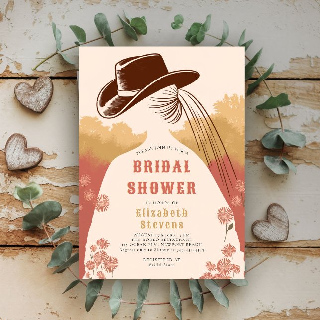 Convites Chá de panela Russo de Flores Selvagens da Prairie (western bridal shower invitation prairie wildflowers cowgirl cowboy hat pink green modern)