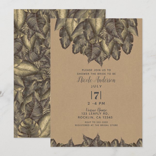 Convites Chá de panela Russo de Folhas Tropicais (Frente/Verso)