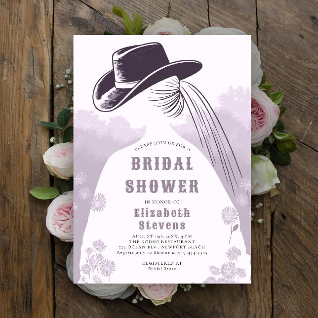 Convites Chá de panela Russo de Lavandas de Flores Selvagen (western bridal shower invitation prairie wildflowers cowgirl cowboy hat lavender lilac purple pink)