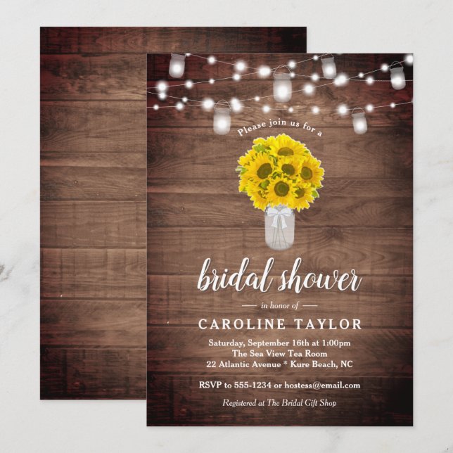 Convites Chá de panela Russo de Sunflower Mason Jar Lights (Frente/Verso)