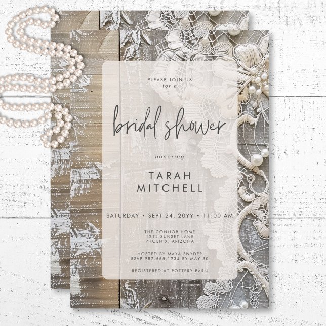 Convites Chá de panela Rustic Barnwood & Bridal Lace (Rustic Barnwood & Bridal Lace Bridal Shower Invitation)