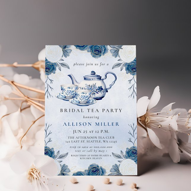 Convites Chá de panela Rustic Blue Chinoiserie Tea Party (Rustic Blue Chinoiserie Tea Party Bridal Shower Invitation)