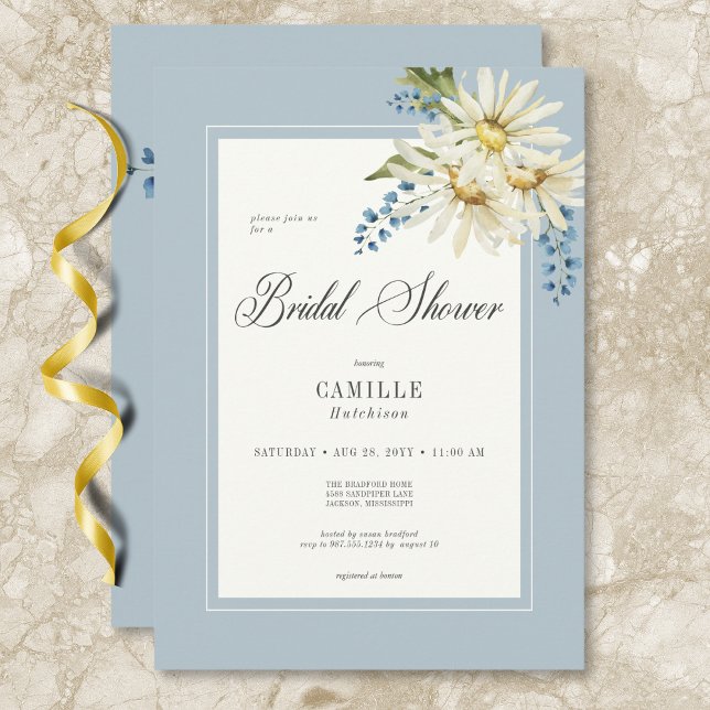 Convites Chá de panela Rustic Blue & White Daisies (Rustic Blue & White Daisies Bridal Shower Invitation)