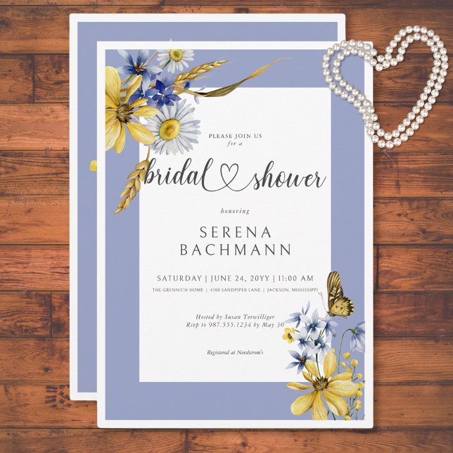 Convites Chá de panela Rustic Blue & Yellow Wilflower (Rustic Blue & Yellow Wildflowers Bridal Shower Invitation)