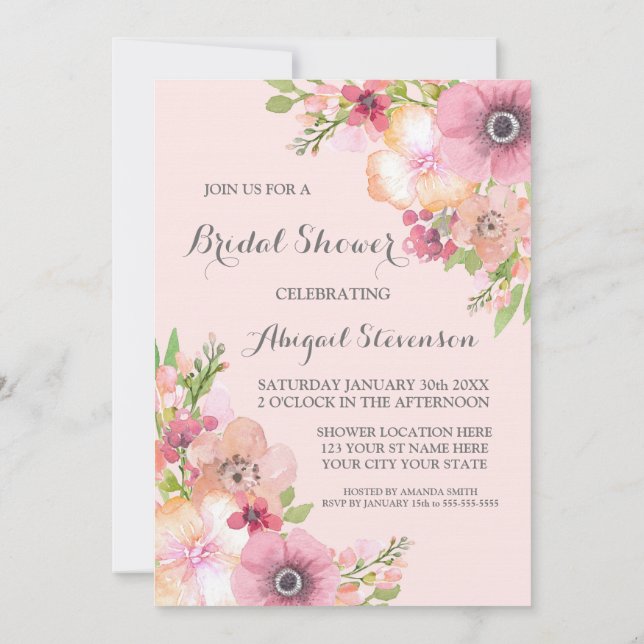 Convites Chá de panela Rustic Blush Pink Flowers Invite (Verso)