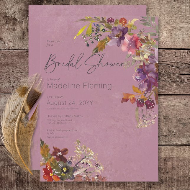 Convites Chá de panela Rustic Boho Jewel Tone Plum Florals (Rustic Boho Jewel Tone Plum Florals Bridal Shower Invitation)
