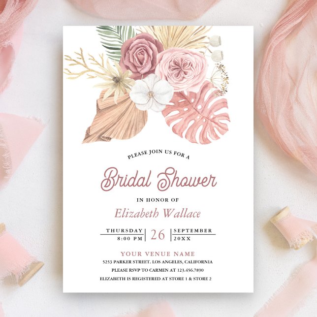 Convites Chá de panela Rustic Boho Palm Dusty Pink Roses (Criador carregado)