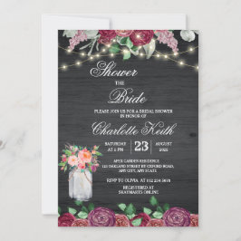 Convites Chá de panela Rustic Burgundy Mason Jar Lights