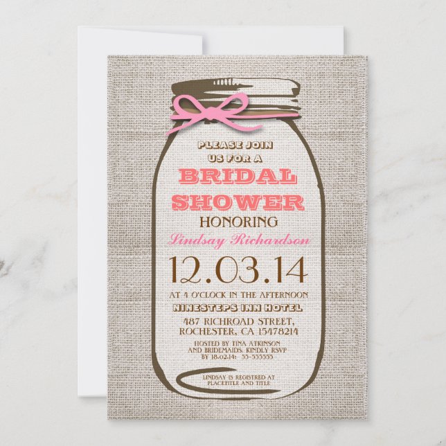 Convites Chá de panela Rustic Burlap Mason Jar (Frente)