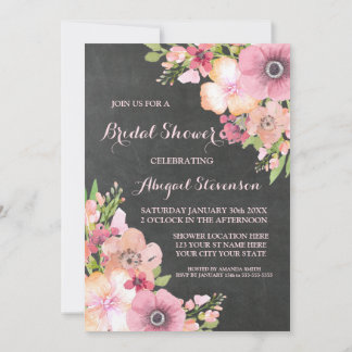 Convites Chá de panela Rustic Chalkboard Pink Flowers