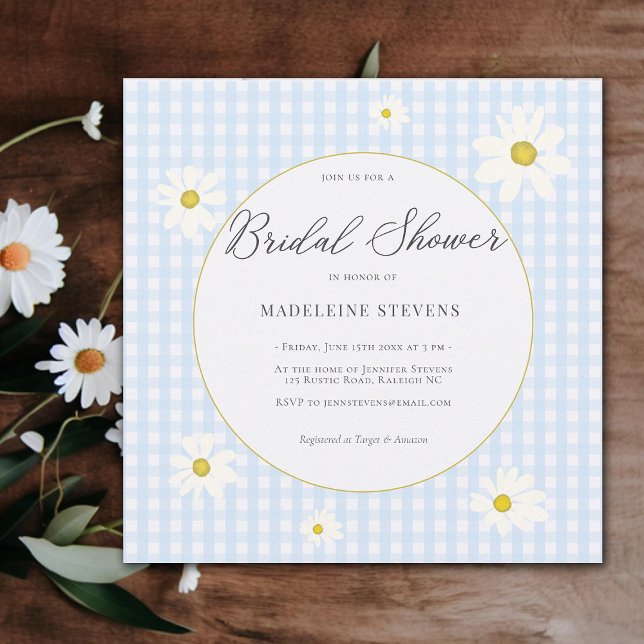 Convites Chá de panela Rustic Daisies Baby Blue Gingham (rustic daisies blue gingham bridal shower invitation backyard boho elegant garden modern simple)