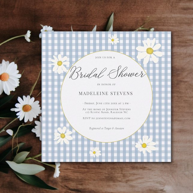 Convites Chá de panela Rustic Daisies Dusty Blue Gingham (rustic daisies dusty blue gingham bridal shower invitation modern elegant classy simple backyard)