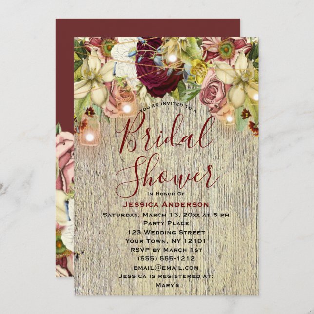 Convites Chá de panela Rustic Floral Botânica Burgundy (Frente/Verso)