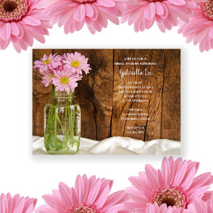 Convites Chá de panela Rustic Mason Jar Pink Daisies Barn