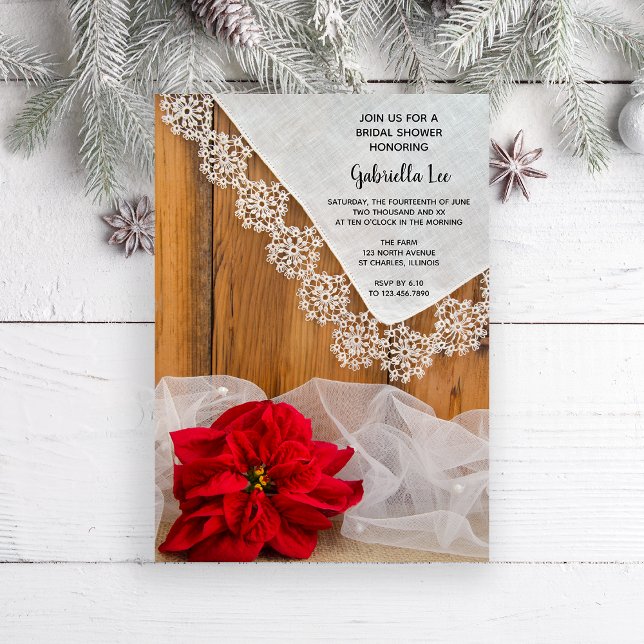 Convites Chá de panela Rustic Poinsettia e Lace Winter (Invite guests to your wintery December celebration with this rustic Bridal Shower Invitation. )