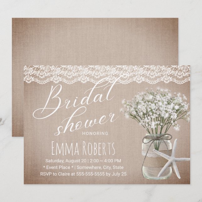 Convites Chá de panela Rustic Starfish Floral Jar Vintage (Frente/Verso)