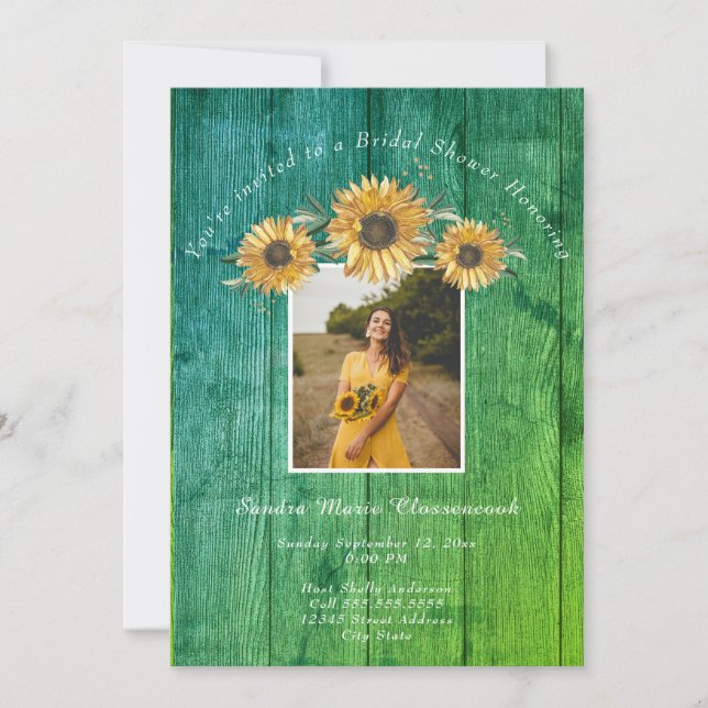 Convites Chá de panela Rustic Sunflower Green Wood (Frente)