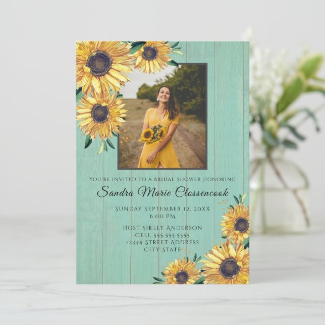 Convites Chá de panela Rustic Sunflower Sage Wood (Em pé/Frente)