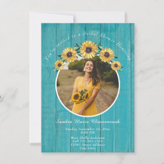 Convites Chá de panela Rustic Sunflower Teal Wood