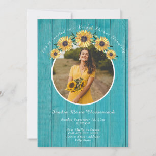 Convites Chá de panela Rustic Sunflower Teal Wood  