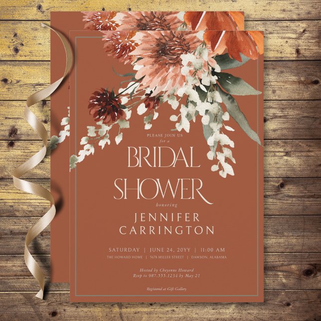 Convites Chá de panela Rustic Terracotta Rust Flowers (Rustic Terracotta Rust Flowers Bridal Shower Invitation)