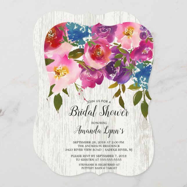 Convites Chá de panela Rustic Wood Pink Flowers (Frente/Verso)