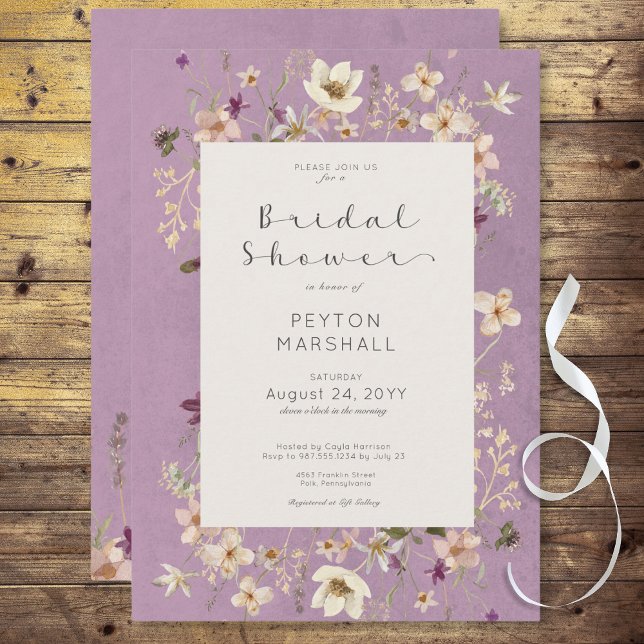 Convites Chá de panela Rústico de Flor Selvagem Roxo (Rustic Purple Wildflower Frame Bridal Shower Invitation)