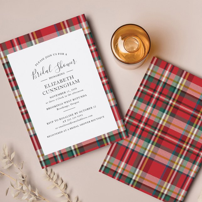 Convites Chá de panela Rústico de Xadrez Elegante (Plaid Red Check Bridal Shower Invitation)