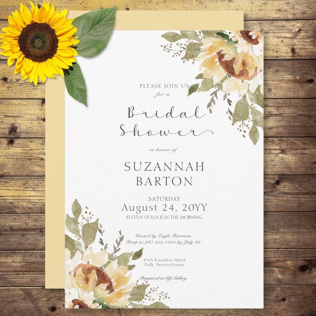 Convites Chá de panela Rústico Suave de Linguados Amarelos  (Soft Rustic Large Yellow Sunflowers Bridal Shower Invitation)