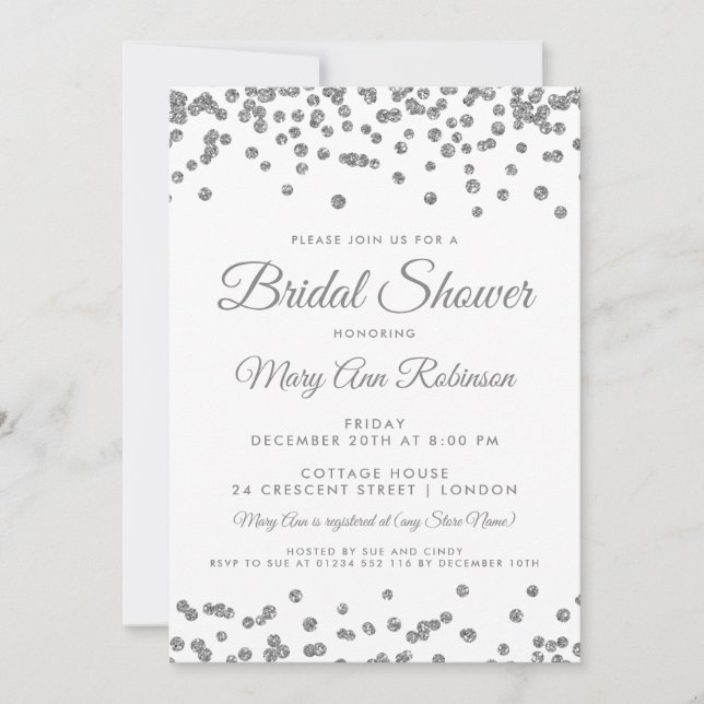 Convites chá de panela Silver Faux Glitter Confetti White (Frente)
