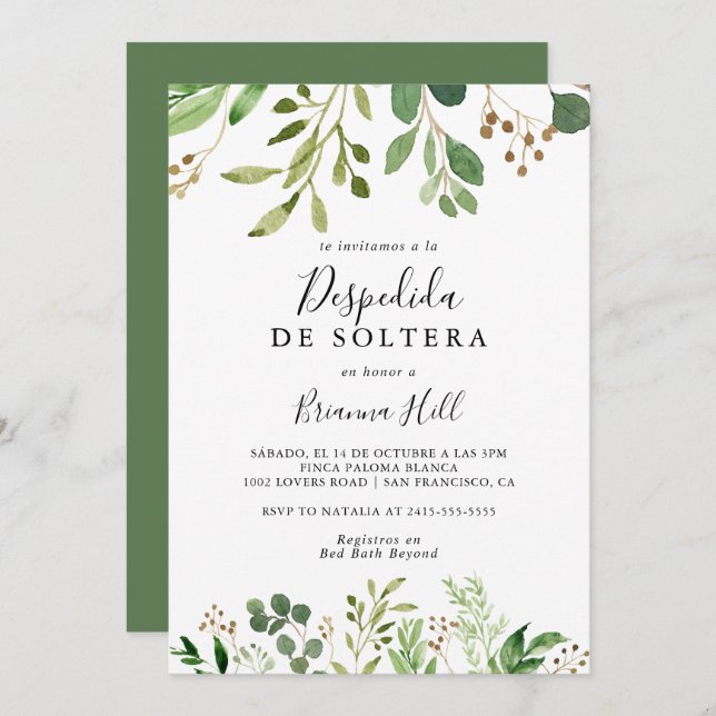 Convites Chá de panela Simples Floral Espanhol Eucalyptus (Frente/Verso)