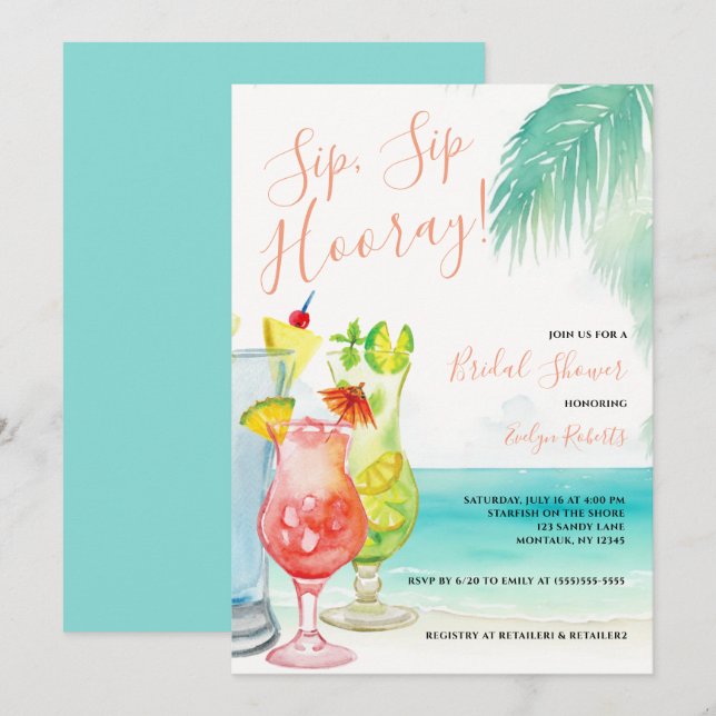 Convites Chá de panela Sip Sip Hooray Tropical Cocktails (Frente/Verso)