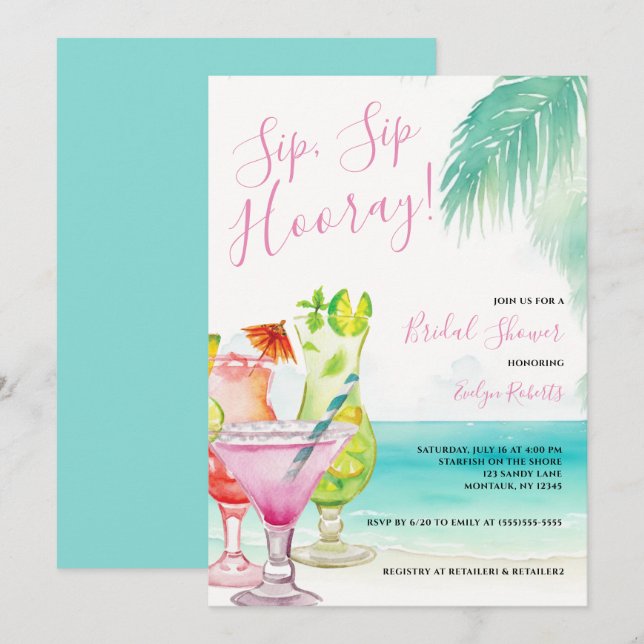 Convites Chá de panela Sip Sip Hooray Tropical Cocktails (Frente/Verso)