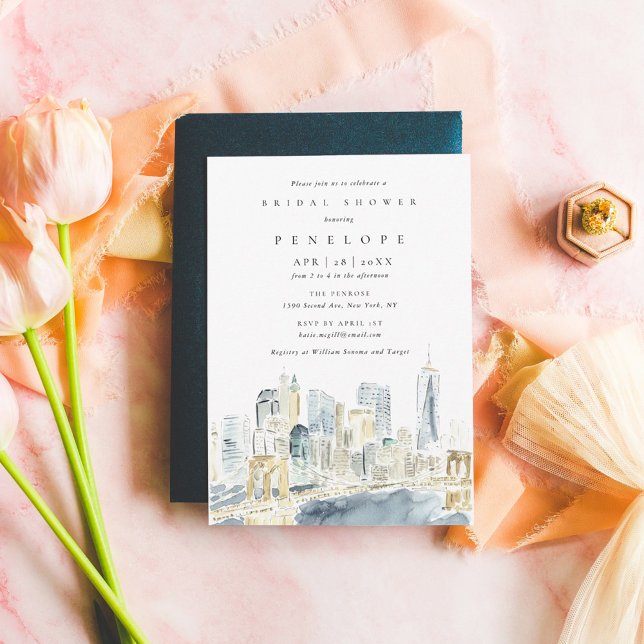 Convites Chá de panela Skyline Nova Iorque de Aquarela (New York City skyline watercolor bridal shower invitation.)