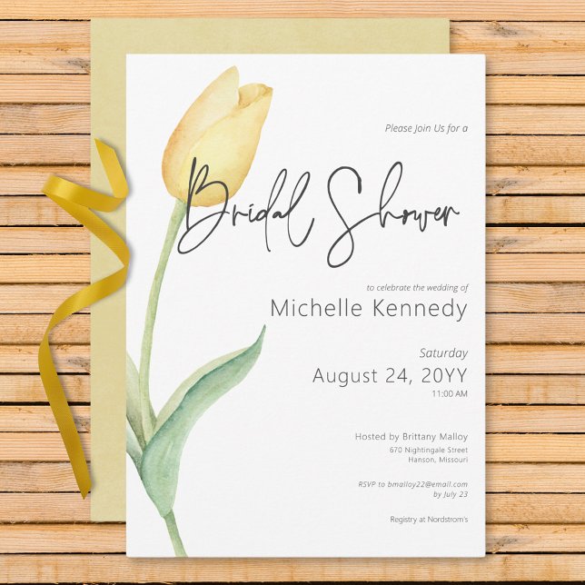 Convites Chá de panela Solo de Tulip Amarelo Moderno (Modern Yellow Tulip Solo Bridal Shower Invitation)