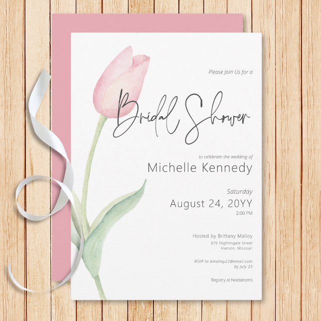 Convites Chá de panela Solo Tulip Rosa Moderno (Modern Pink Tulip Solo Bridal Shower Invitation)