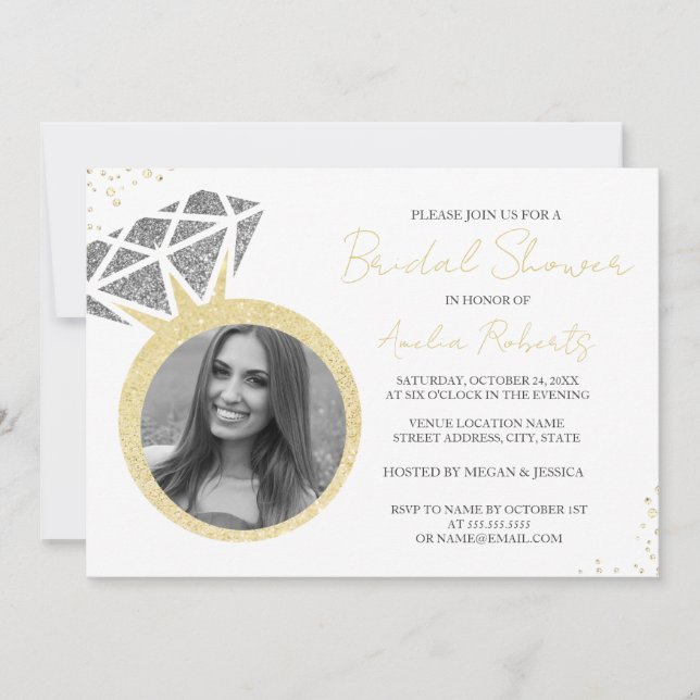 Convites Chá de panela Sparkle de Foto Silver Dourado (Frente)