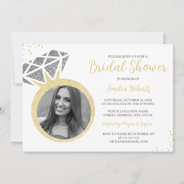 Convites Chá de panela Sparkle de Foto Silver Dourado (Frente)