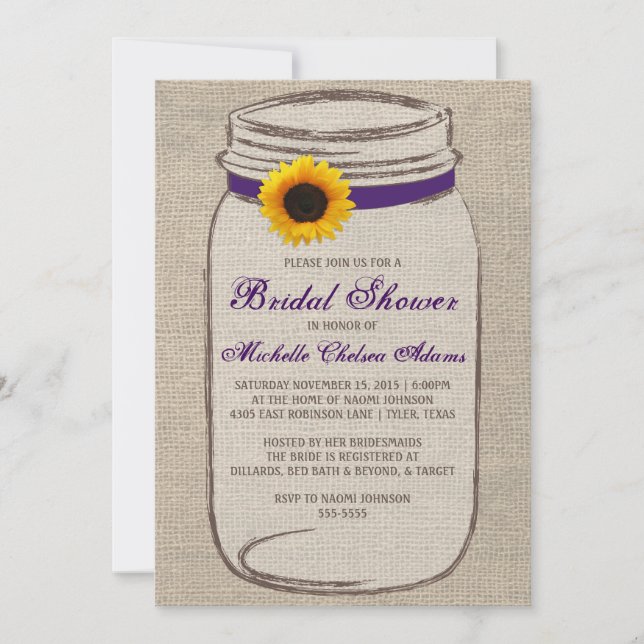 Convites Chá de panela Sunflower Mason Jar (Frente)
