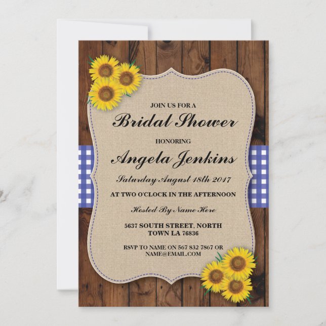 Convites Chá de panela Sunflower Wood Burlap Floral Invite (Frente)