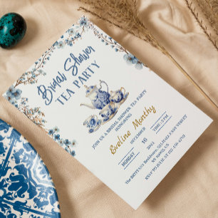 Convites Chá de panela Tea Party Delft Blue Floral brunch
