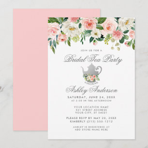 Convites Chá de panela Tea Party Floral Pink Silver Convit