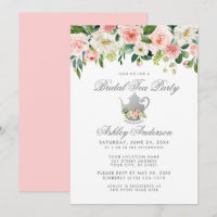 Chá de panela Tea Party Floral Pink Silver Invite