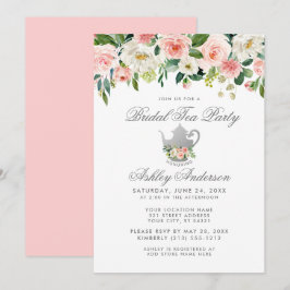 Convites Chá de panela Tea Party Floral Pink Silver Invite